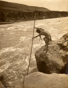 Indiano Tlakluit, in piedi su una roccia, pesca con una rete da immersione, 1910 circa (foto b/n) da Edward Sheriff Curtis