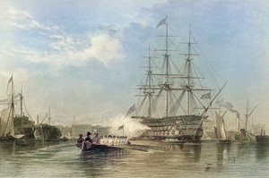 Ammiraglia della Marina Britannica che saluta nel porto di Gosford, Inghilterra. XIX secolo (incisione) da Edward William (after) Cooke