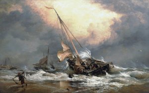 Pescatori che tirano le loro barche sulla riva del Mare del Nord, vicino a Scheveningen (Olanda)