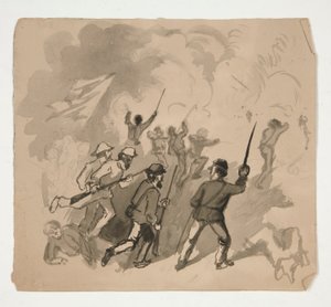 Scena di battaglia della Guerra Civile (recto); Illustrazione non identificata di un uomo in una foresta (verso) da Edwin Austin Abbey