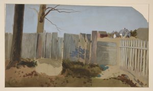 Scena di campagna: recinto, campo, fattoria in lontananza da Edwin Austin Abbey