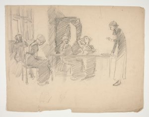Studio iniziale per Stony Ground 1884, interno con figure da Edwin Austin Abbey