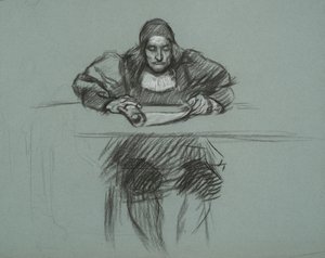 Figura per il processo della regina Katherine. impiegato alla scrivania da Edwin Austin Abbey