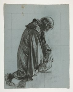 Studio di figura per Sir Lancillotto e Sir Bors che equipaggiano Galahad con i suoi speroni, da La ricerca del Santo Graal da Edwin Austin Abbey