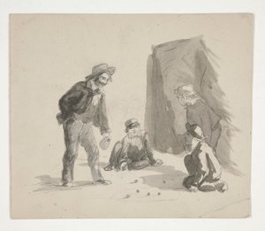 Quattro ragazzi che giocano a biglie (recto); Illustrazione non identificata di ragazzo al cavalletto in interni (verso) da Edwin Austin Abbey