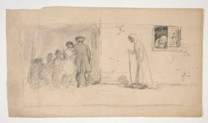 Gruppo di figure fuori da una casa di pietra - illustrazione non identificata da Edwin Austin Abbey