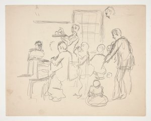 Scena di ristorante interno(?) - illustrazione non identificata da Edwin Austin Abbey