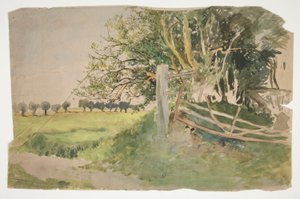 Paesaggio con alberi e recinto rotto da Edwin Austin Abbey