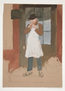 Uomo che accende una pipa sulla porta - illustrazione non identificata da Edwin Austin Abbey