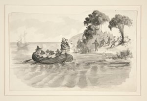 Uomini in barca a remi che fuggono dagli indiani sulla riva - illustrazione non identificata (Colombo che scopre il Nuovo Mondo?) - esploratori che sbarcano nel Nuovo Mondo da Edwin Austin Abbey