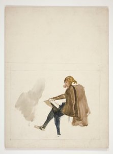 Giovane seduto con mantello marrone, che legge - illustrazione non identificata da Edwin Austin Abbey