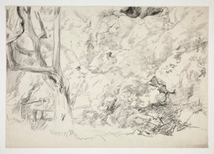 Schizzo di un paesaggio con albero, recinto e figura femminile da Edwin Austin Abbey