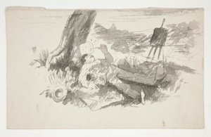 Schizzo di un pittore en plein air che fa un pisolino sotto un albero - illustrazione non identificata da Edwin Austin Abbey