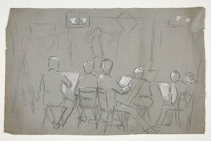 Schizzo di una stanza di studenti che disegnano un modello da Edwin Austin Abbey
