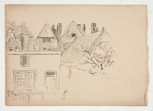 Schizzo di un esterno: edifici e albero da Edwin Austin Abbey