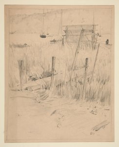 Schizzo di un vecchio molo, con erbacce che crescono intorno da Edwin Austin Abbey
