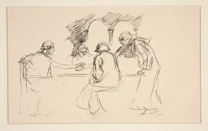 Schizzo di quattro uomini in abiti medievali a un tavolo - illustrazione non identificata, possibilmente per da Edwin Austin Abbey
