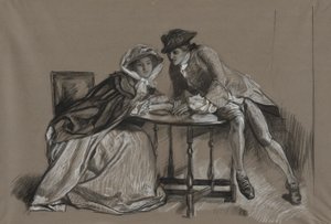 Studio. Signora e gentiluomo in conversazione attraverso un tavolo da Edwin Austin Abbey