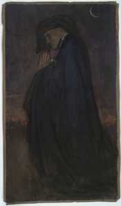 Studio. Uomo in mantello blu, al chiaro di luna