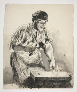 Studio di un fabbro, che martella il ferro - illustrazione non identificata