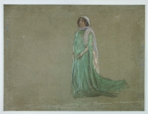 Studio, donna in lungo vestito verde, sciarpa rosa da Edwin Austin Abbey
