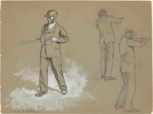 Tre schizzi di un uomo con un fucile (recto); Studi di figure e ritratto di A. S. Wina (?) (verso) da Edwin Austin Abbey