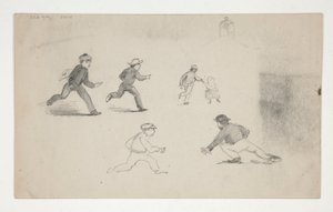 Tre studi (uomini con cavalli, studio di una testa) (recto); Sei studi di figure in corsa, studio di un campanile (verso)