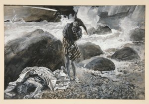 Trinculo e Caliban, illustrazione per Atto II, Scena ii, La Tempesta da Edwin Austin Abbey