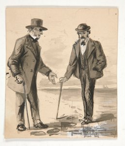 Due uomini che conversano sulla riva del mare - illustrazione non identificata