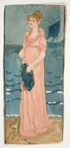 Illustrazione non identificata di donna su una spiaggia, nave in lontananza da Edwin Austin Abbey