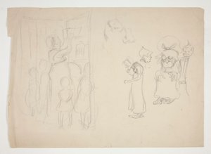 Donna con bambini e cartone animato - illustrazione non identificata da Edwin Austin Abbey