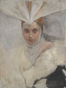 Donna con copricapo di falco pescatore e colletto di pelliccia bianca, 1897