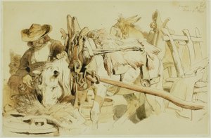 Un contadino che nutre il suo pony a Ginevra (recto); Frate seduto (verso) da Edwin Henry Landseer