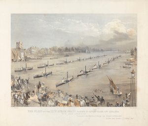 La flotta delle navi a vapore della città in ordine di revisione al largo di Chelsea nella commemorazione annuale di Londra da Edwin Jewitt