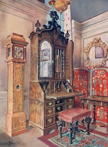 Un Gruppo di Mobili del Primo Settecento. Scrutoire con Top a Vetrina in Noce. Orologio Intarsiato in Sicomoro (