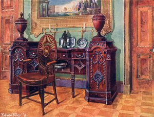 Credenza intagliata in mogano. Sedia del Maestro con schienale ovale a ruota da Edwin John Foley