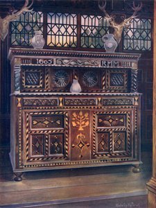 Credenza scolpita e intarsiata in quercia da Edwin John Foley