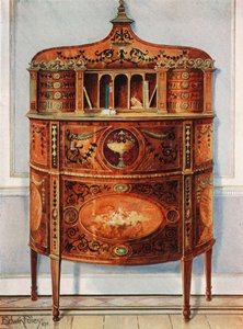 Scrivania in satinwood intarsiata e dipinta, montata in bronzo dorato da Edwin John Foley