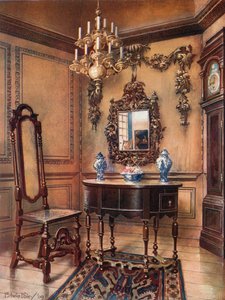Pannellatura, con intagli di Grinling Gibbon. Cornice dello specchio, tavolo in noce, William e Mary. Sedia in noce, orologio alto di Charles Wesley da Edwin John Foley