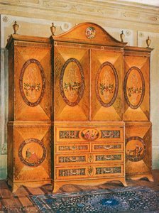 Guardaroba in legno di satin, intarsiato con legno di tulipano, legno di lepre, agrifoglio, ebano, mogano e altri legni