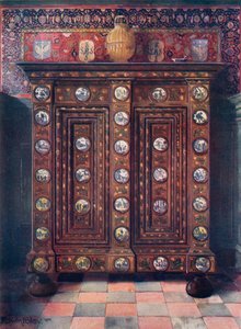 Kas di noce intarsiato e con medaglioni dipinti di ceramica di Delft da Edwin John Foley