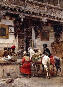 Artigiano che vende casse vicino a un edificio in legno di teak, Ahmedabad da Edwin Lord Weeks