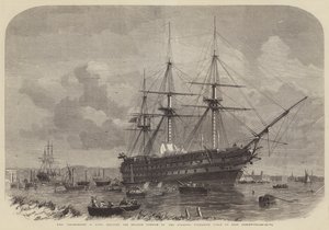 HMS Agamemnon, 91 cannoni, carica la porzione inglese del cavo sottomarino atlantico a East Greenwich