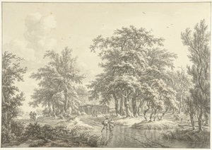Paesaggio alberato con alcuni gruppi di figure