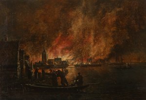 Incendio notturno su città olandese da Egbert van der Poel