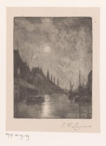 Veduta fluviale in una città di notte da Egide François Leemans (signed by artist)