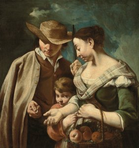 Un venditore di frutta e un ragazzo, con un cesto di pesche, pere e uva, in un paesaggio, con un uomo che tiene un fucile e una moneta, c.1705-84 da Egidio (attr.to) Dall