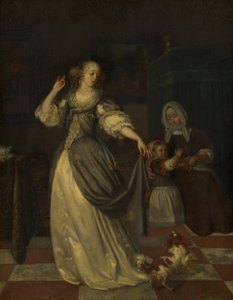 Signora che gioca con un cane da Eglon van der Neer