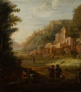 Paesaggio boscoso con due cacciatori all