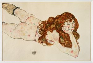 Nudo femminile sdraiato sul ventre - Nudo sul ... (guazzo e pastello nero) da Egon Schiele